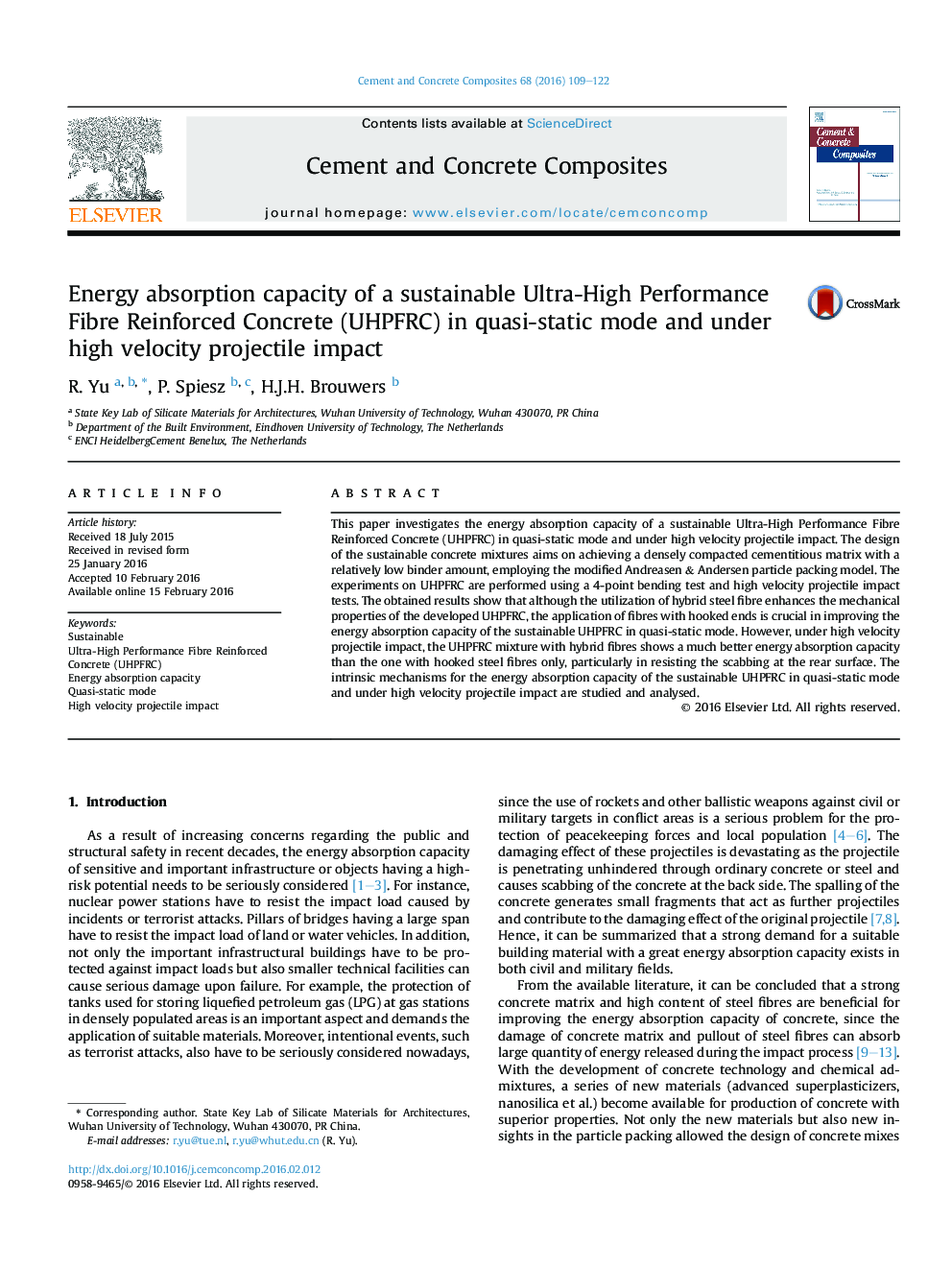 Energy absorption capacity of a sustainable Ultra-High Performance Fibre Reinforced Concrete (UHPFRC) in quasi-static mode and under high velocity projectile impact