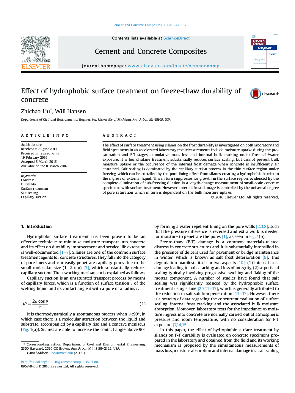 Effect of hydrophobic surface treatment on freeze-thaw durability of concrete