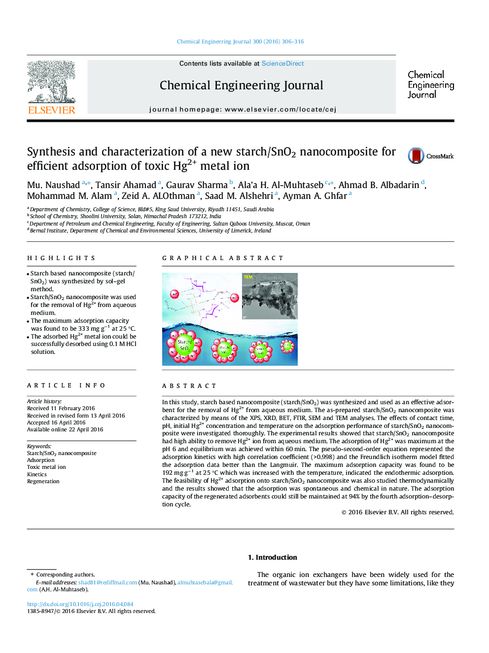 Synthesis and characterization of a new starch/SnO2 nanocomposite for efficient adsorption of toxic Hg2+ metal ion