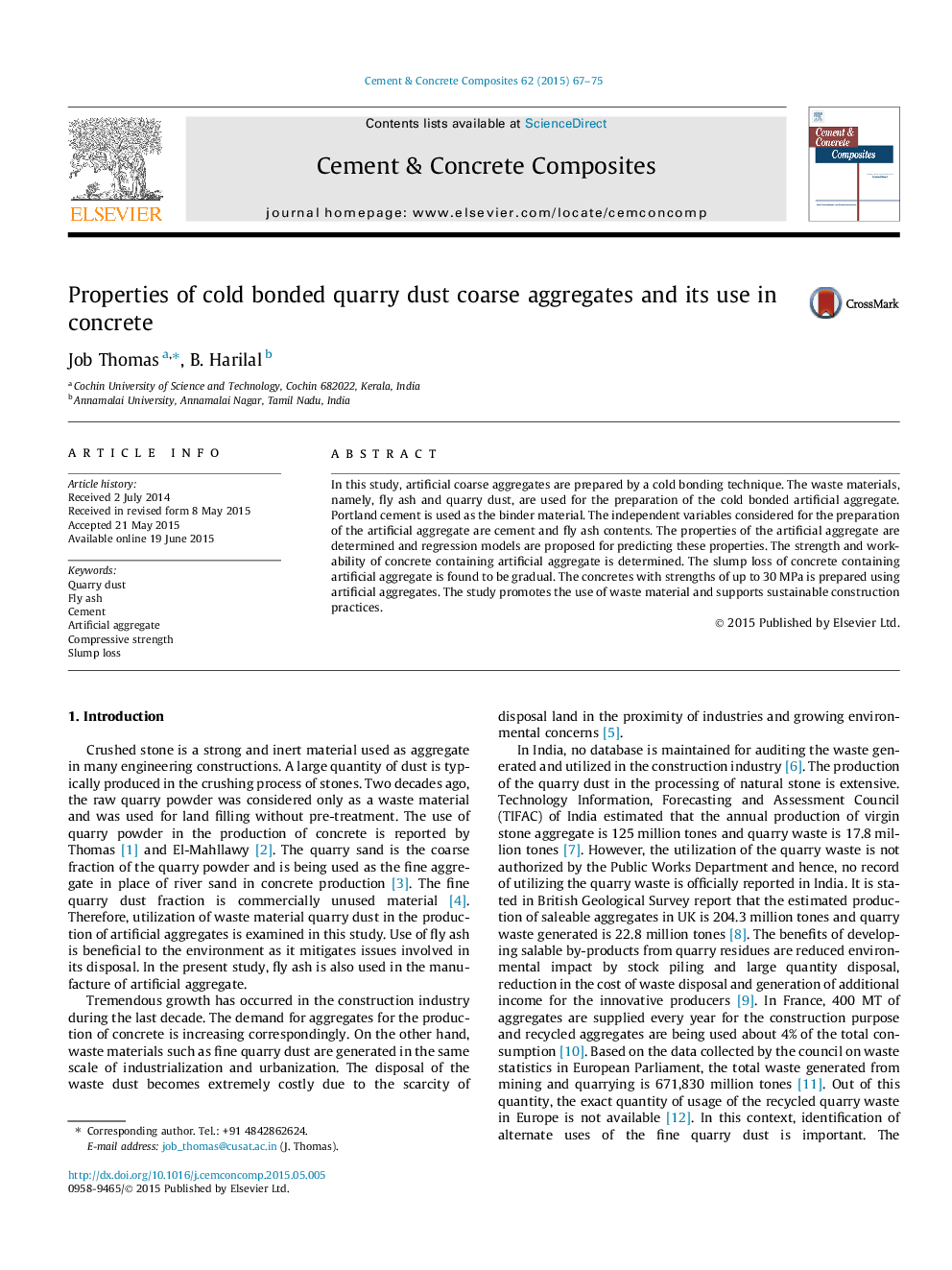 Properties of cold bonded quarry dust coarse aggregates and its use in concrete