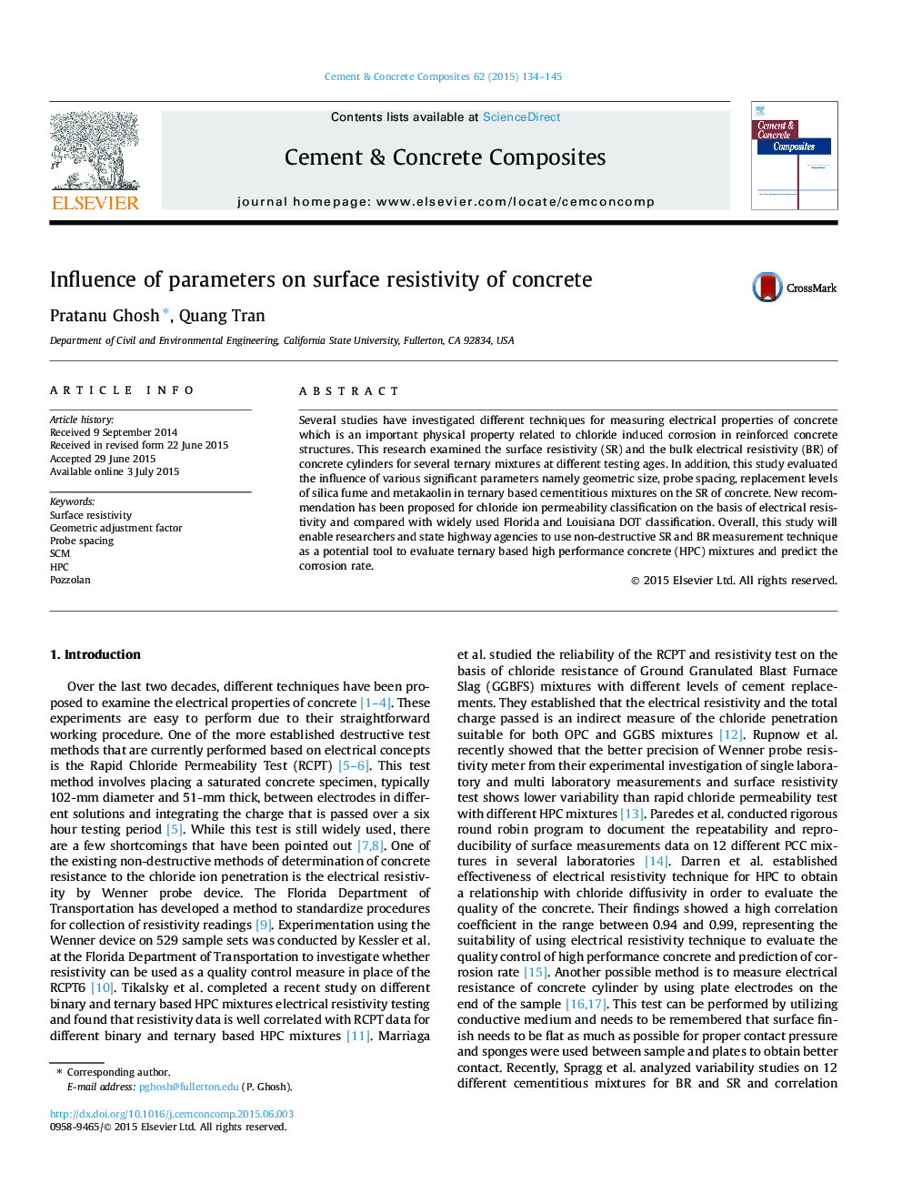 Influence of parameters on surface resistivity of concrete