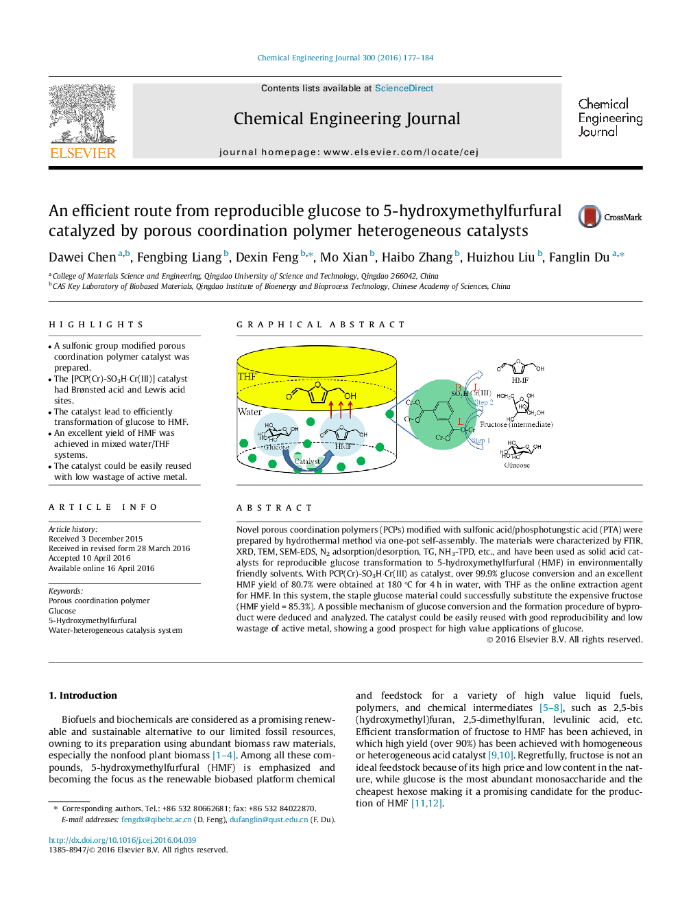 An efficient route from reproducible glucose to 5-hydroxymethylfurfural catalyzed by porous coordination polymer heterogeneous catalysts