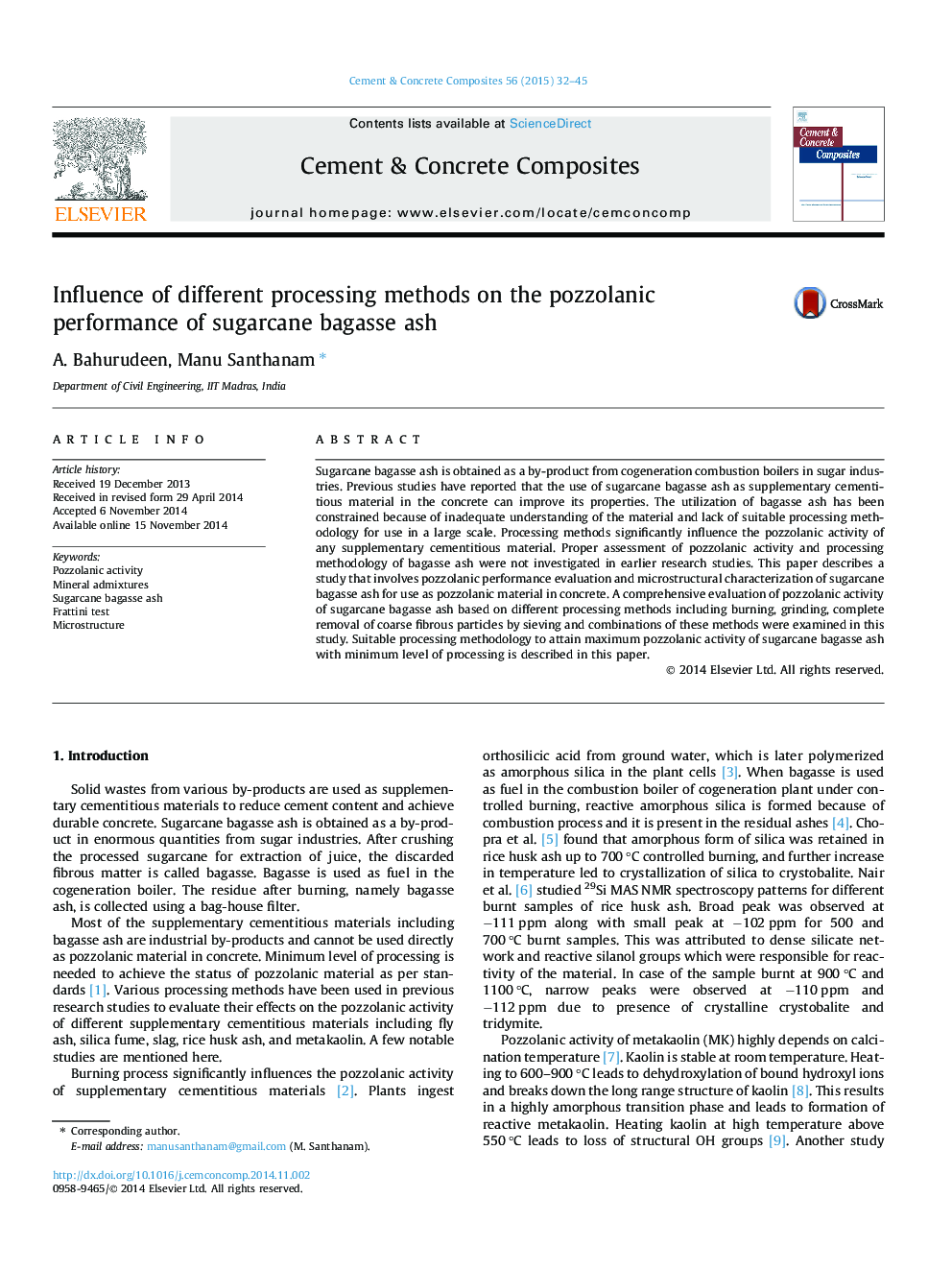 Influence of different processing methods on the pozzolanic performance of sugarcane bagasse ash