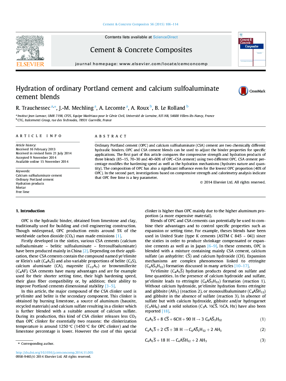 Hydration of ordinary Portland cement and calcium sulfoaluminate cement blends