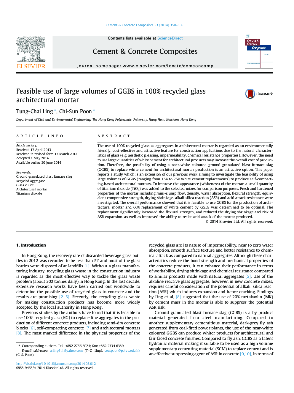 Feasible use of large volumes of GGBS in 100% recycled glass architectural mortar