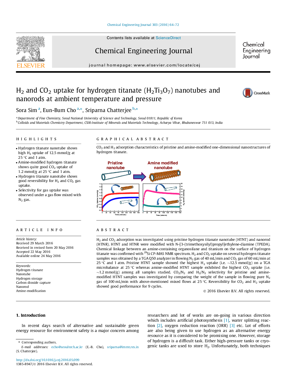 H2 and CO2 uptake for hydrogen titanate (H2Ti3O7) nanotubes and nanorods at ambient temperature and pressure