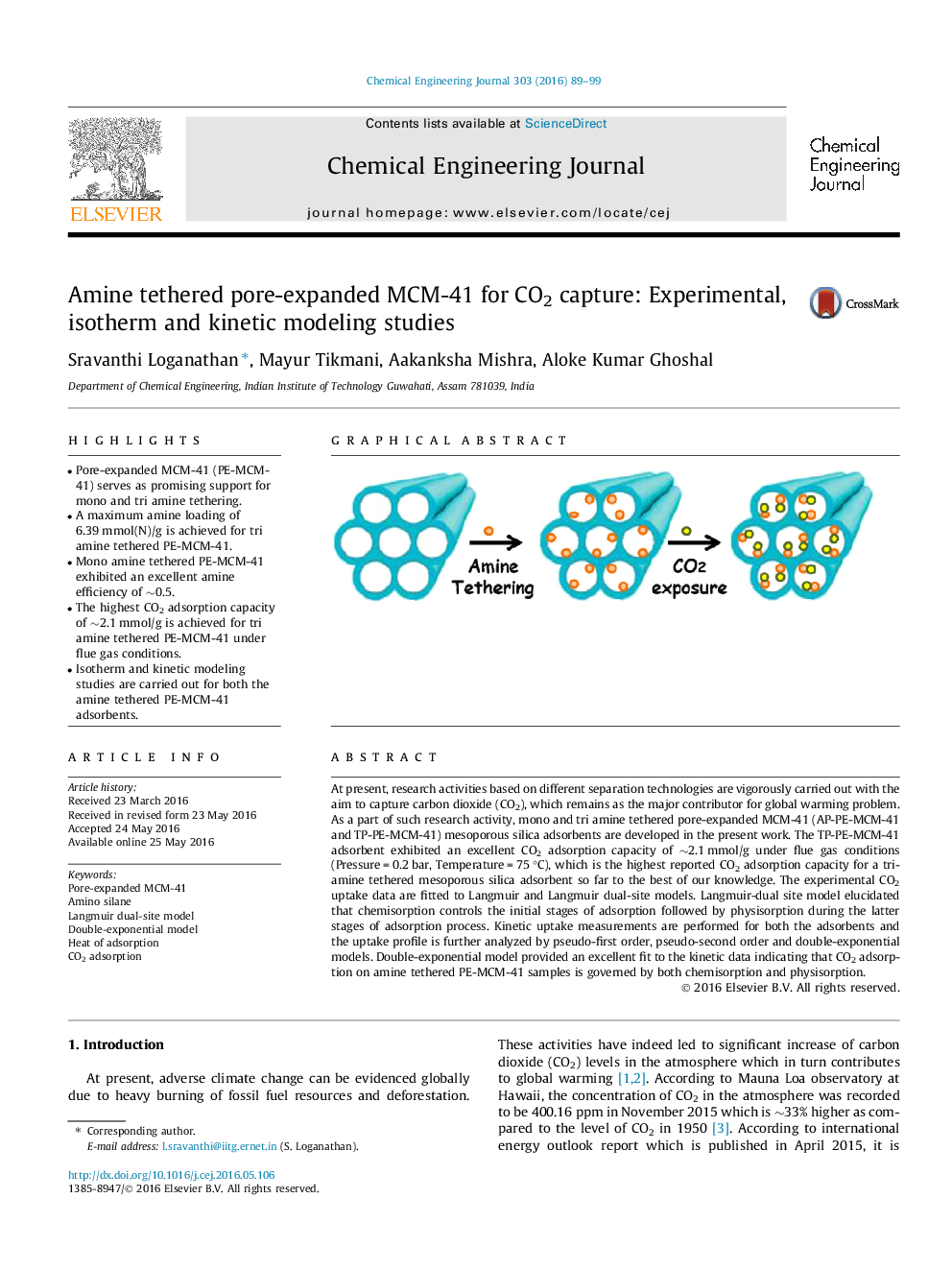 عکس صفحه اول مقاله: Amine tethered pore-expanded MCM-41 for CO2 capture: Experimental, isotherm and kinetic modeling studies Amine tethered pore-expanded MCM-41 for CO2 capture: Experimental, isotherm and kinetic modeling studies