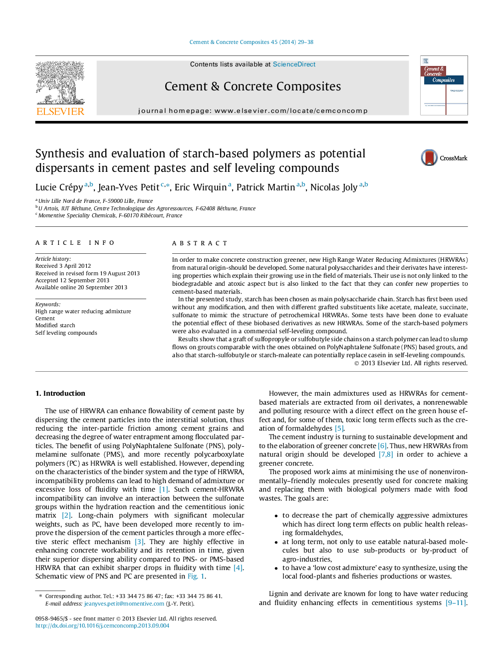 Synthesis and evaluation of starch-based polymers as potential dispersants in cement pastes and self leveling compounds