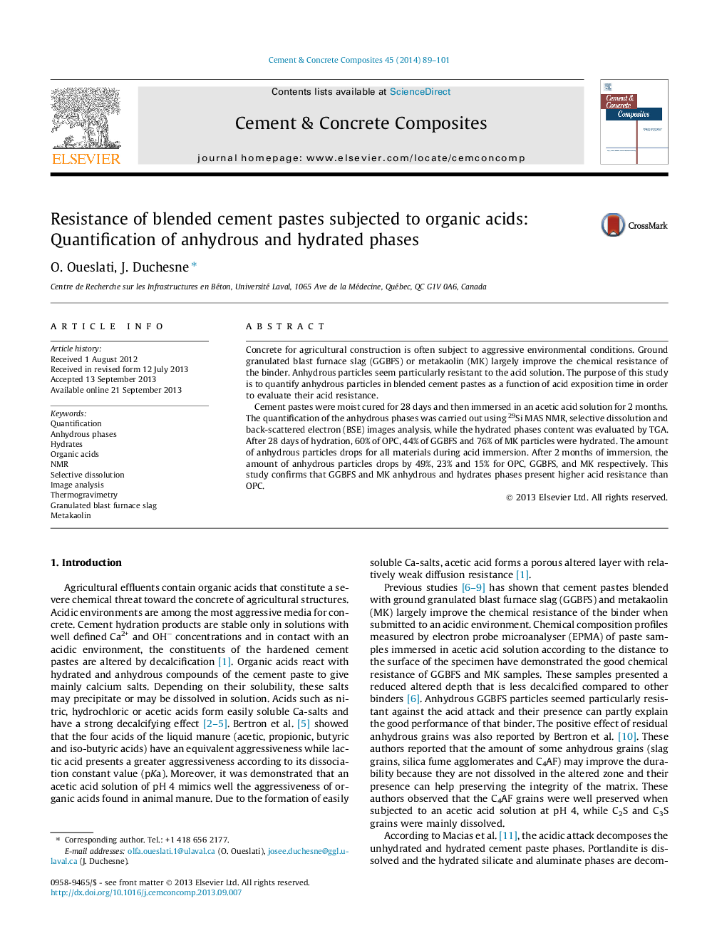 Resistance of blended cement pastes subjected to organic acids: Quantification of anhydrous and hydrated phases