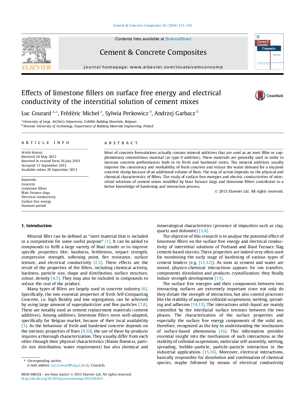 Effects of limestone fillers on surface free energy and electrical conductivity of the interstitial solution of cement mixes