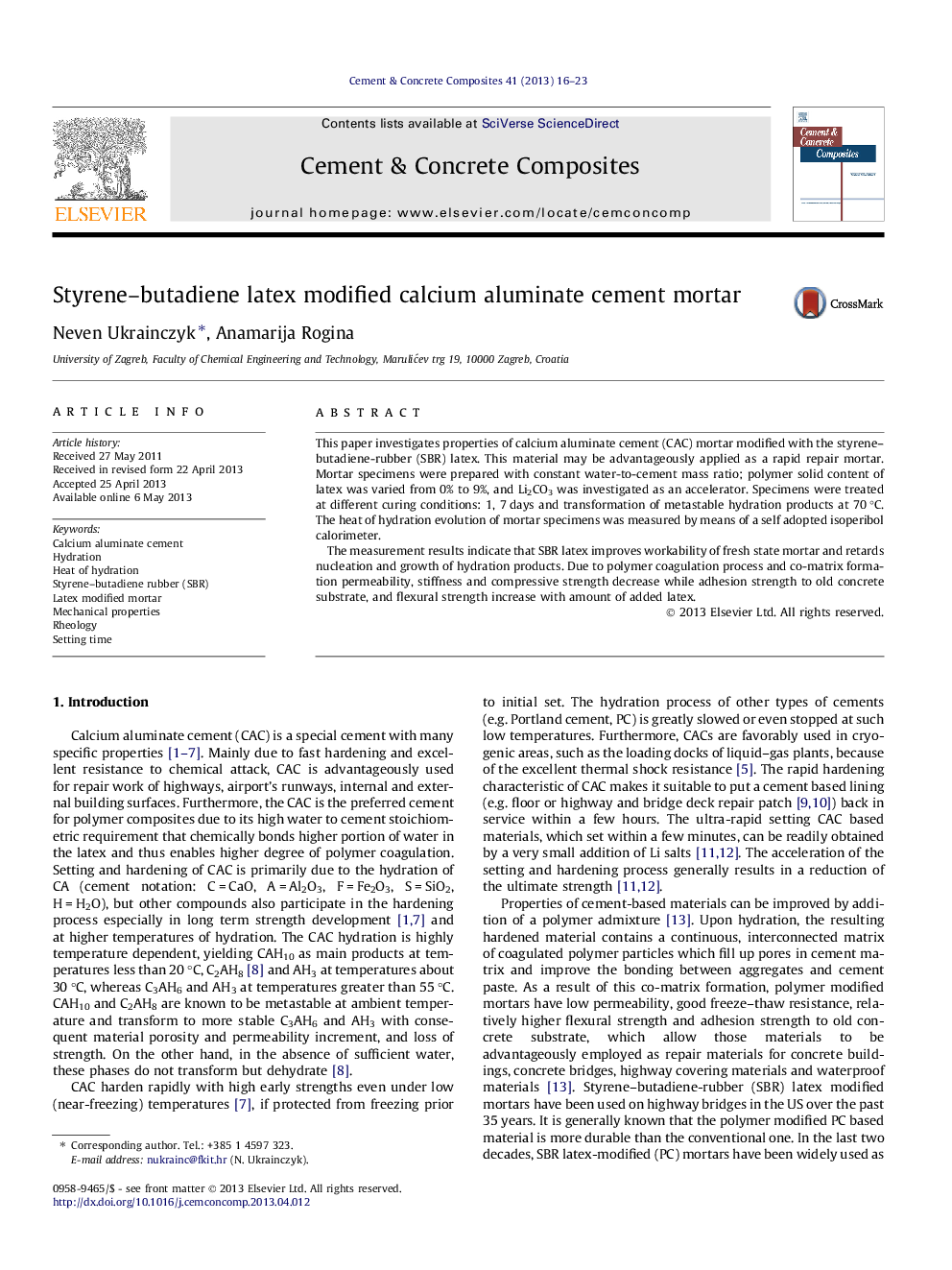 Styrene–butadiene latex modified calcium aluminate cement mortar