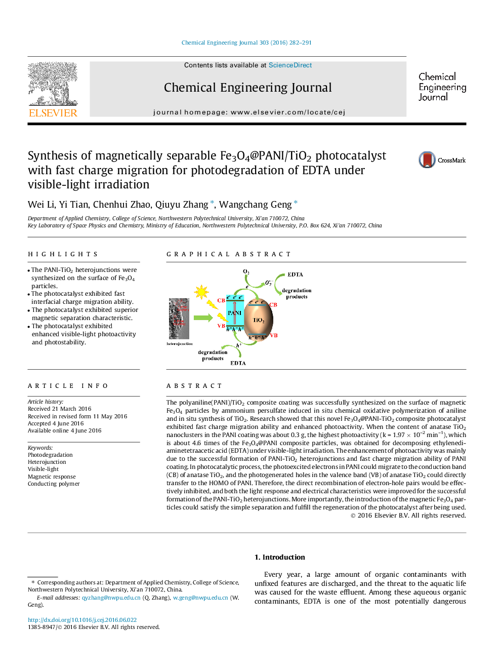 Synthesis of magnetically separable Fe3O4@PANI/TiO2 photocatalyst with fast charge migration for photodegradation of EDTA under visible-light irradiation