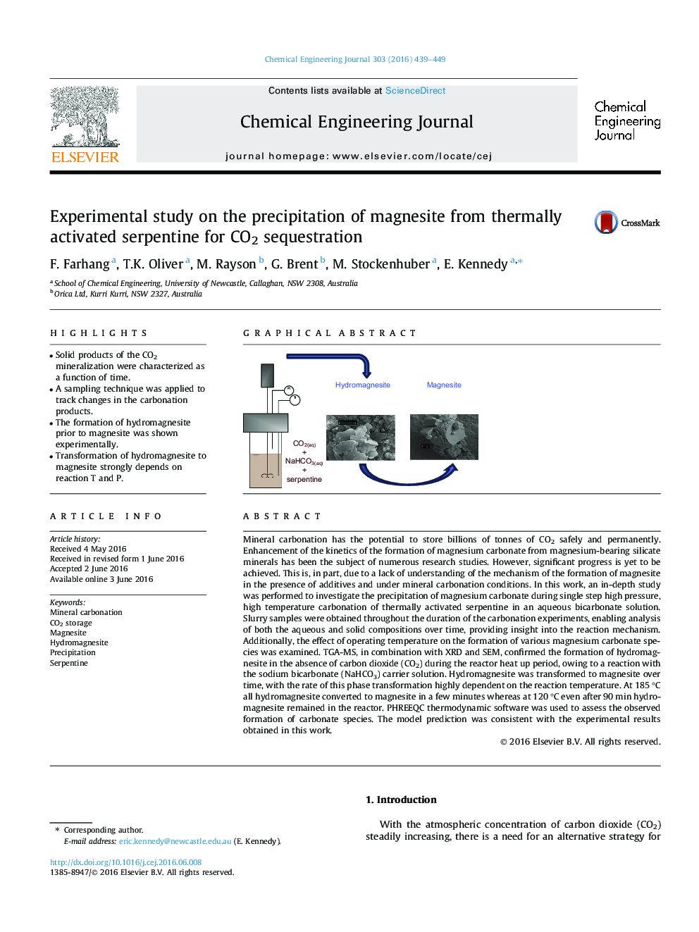 Experimental study on the precipitation of magnesite from thermally activated serpentine for CO2 sequestration