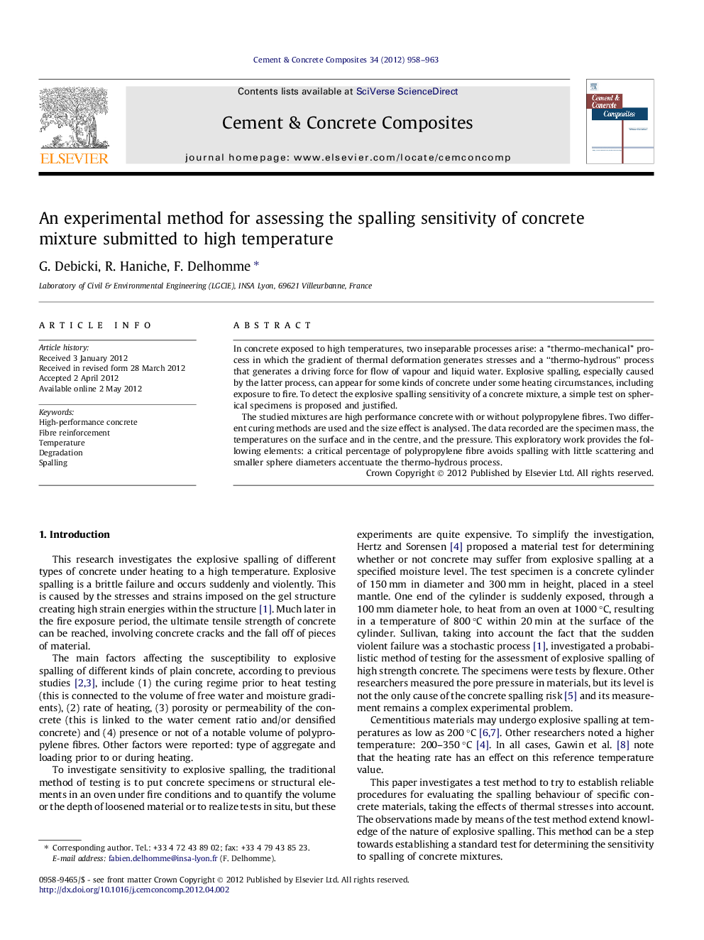 An experimental method for assessing the spalling sensitivity of concrete mixture submitted to high temperature