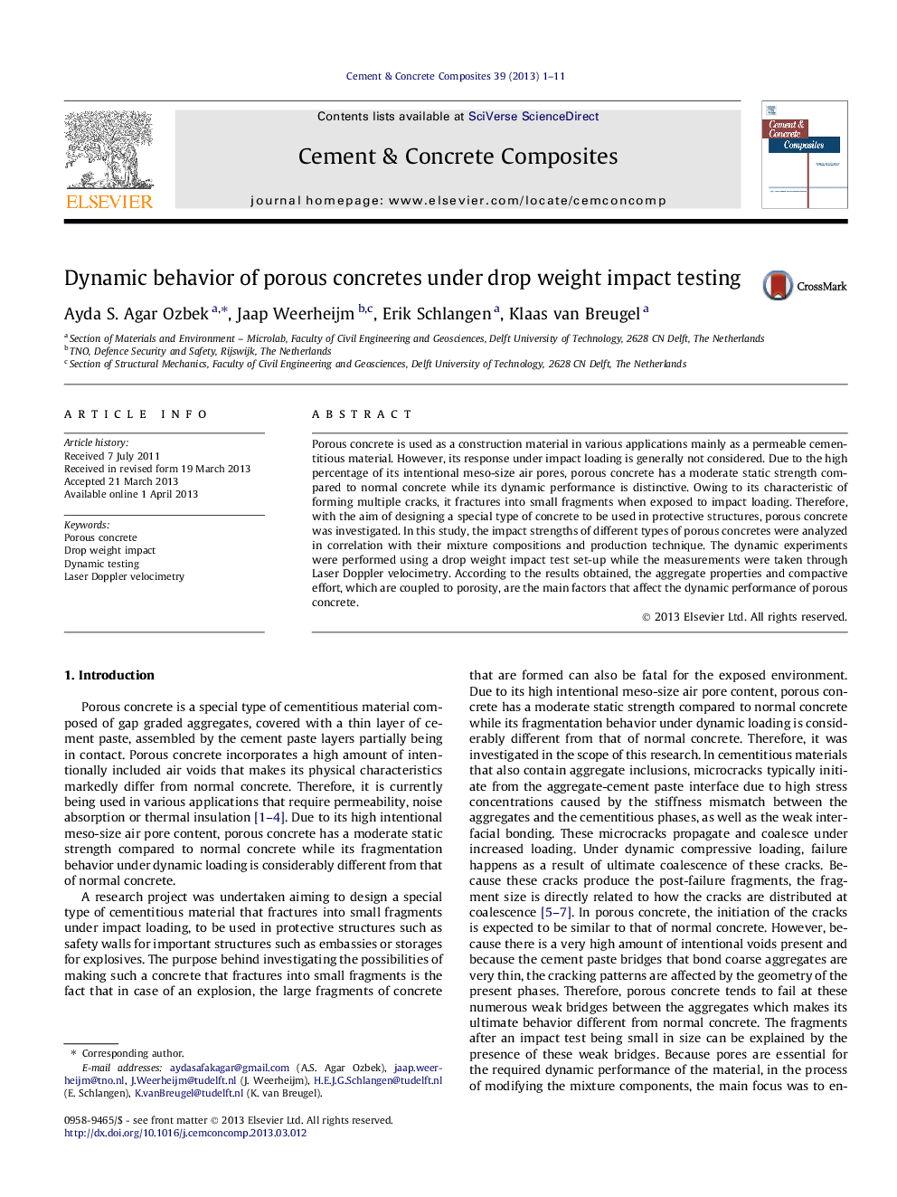 عکس صفحه اول مقاله: Dynamic behavior of porous concretes under drop weight impact testing Dynamic behavior of porous concretes under drop weight impact testing