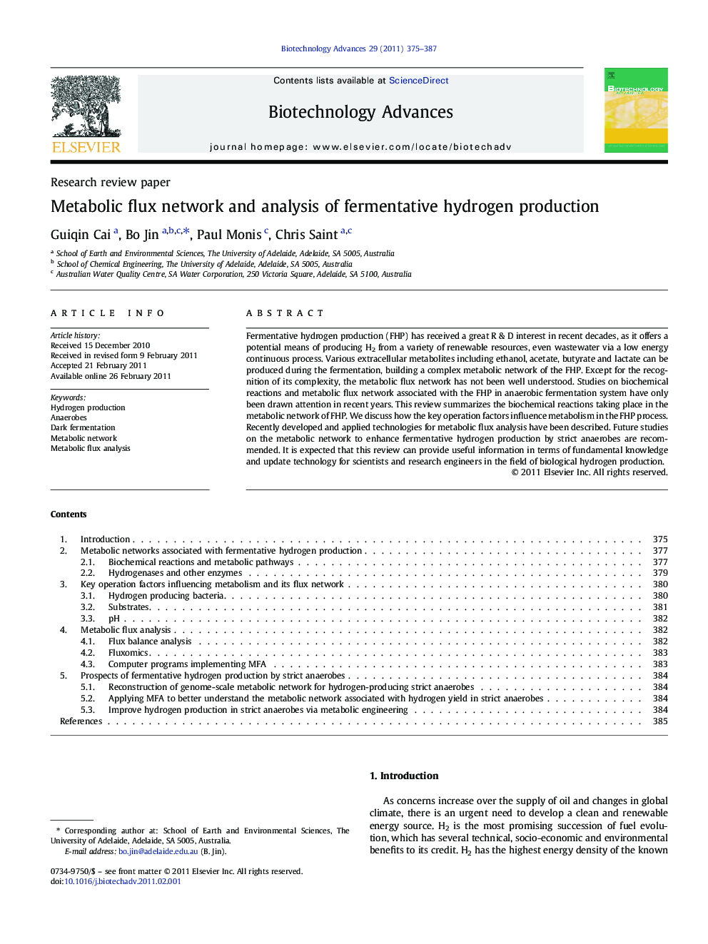 Metabolic flux network and analysis of fermentative hydrogen production