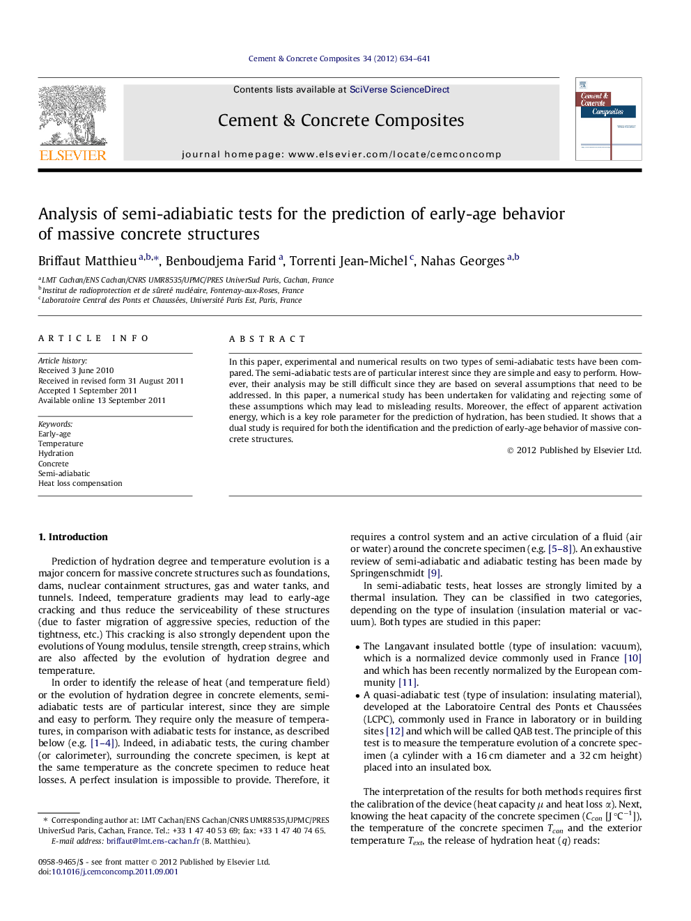 Analysis of semi-adiabiatic tests for the prediction of early-age behavior of massive concrete structures