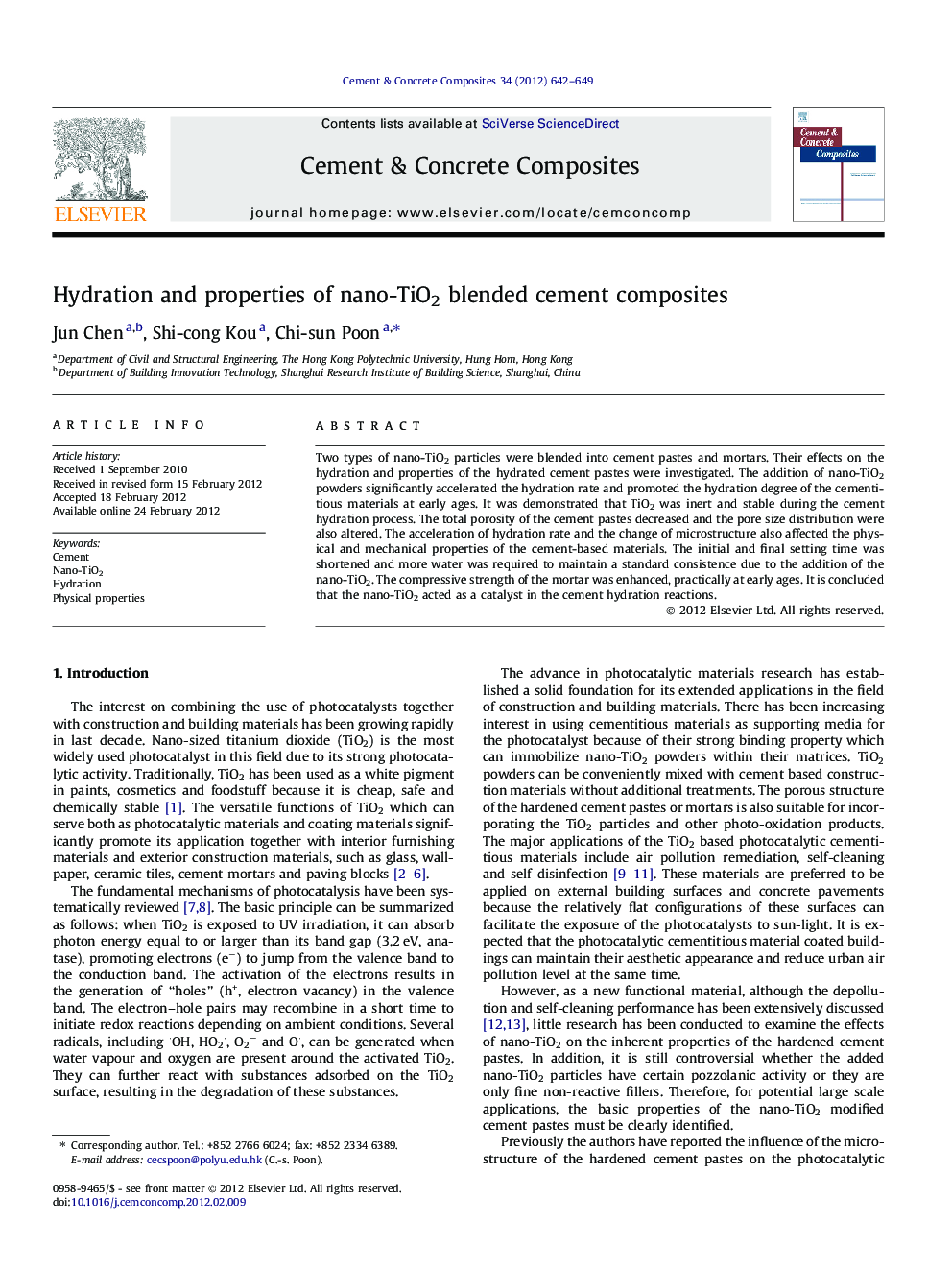 Hydration and properties of nano-TiO2 blended cement composites