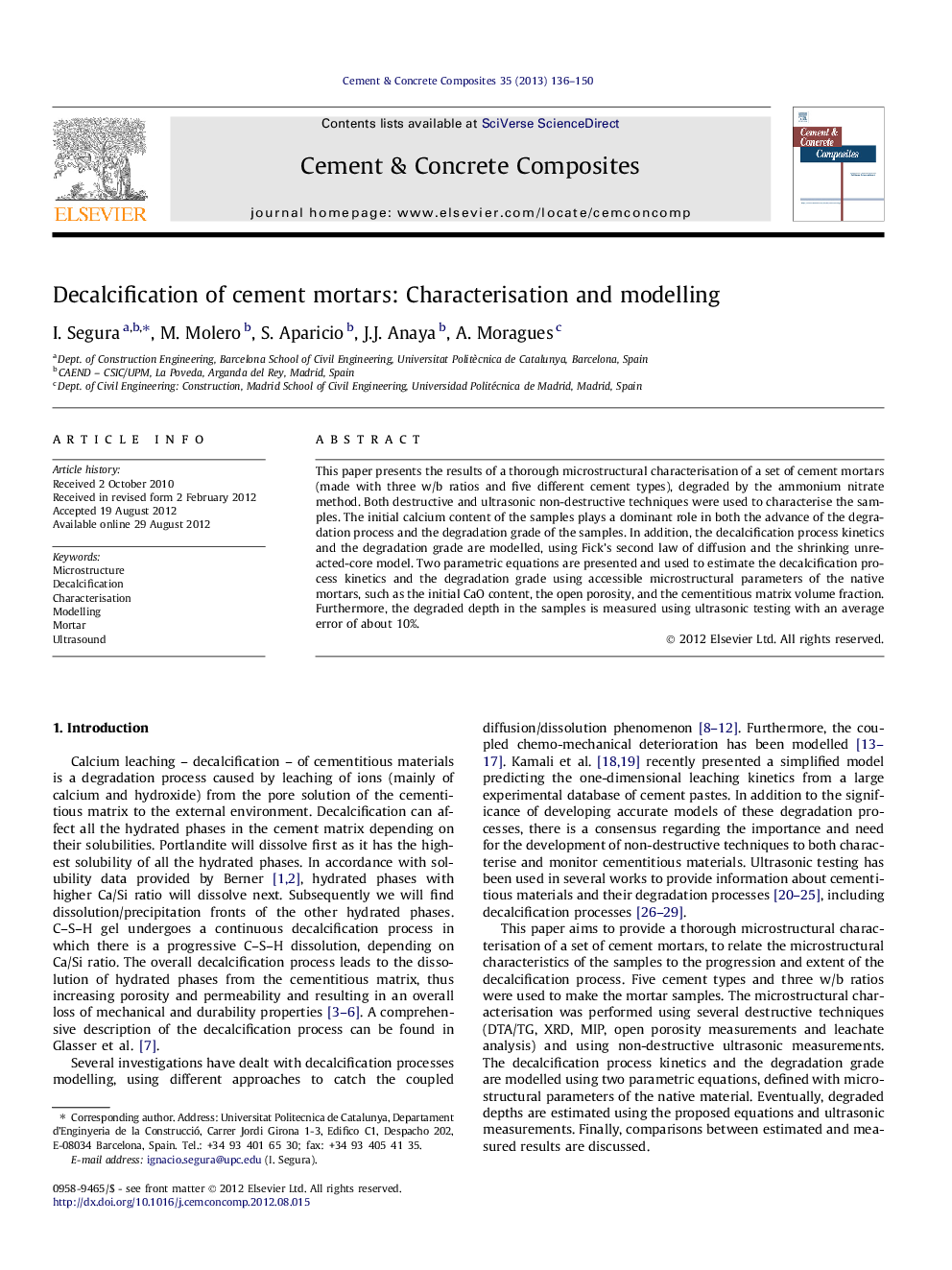 Decalcification of cement mortars: Characterisation and modelling