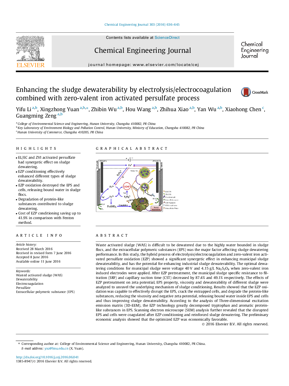 Enhancing the sludge dewaterability by electrolysis/electrocoagulation combined with zero-valent iron activated persulfate process