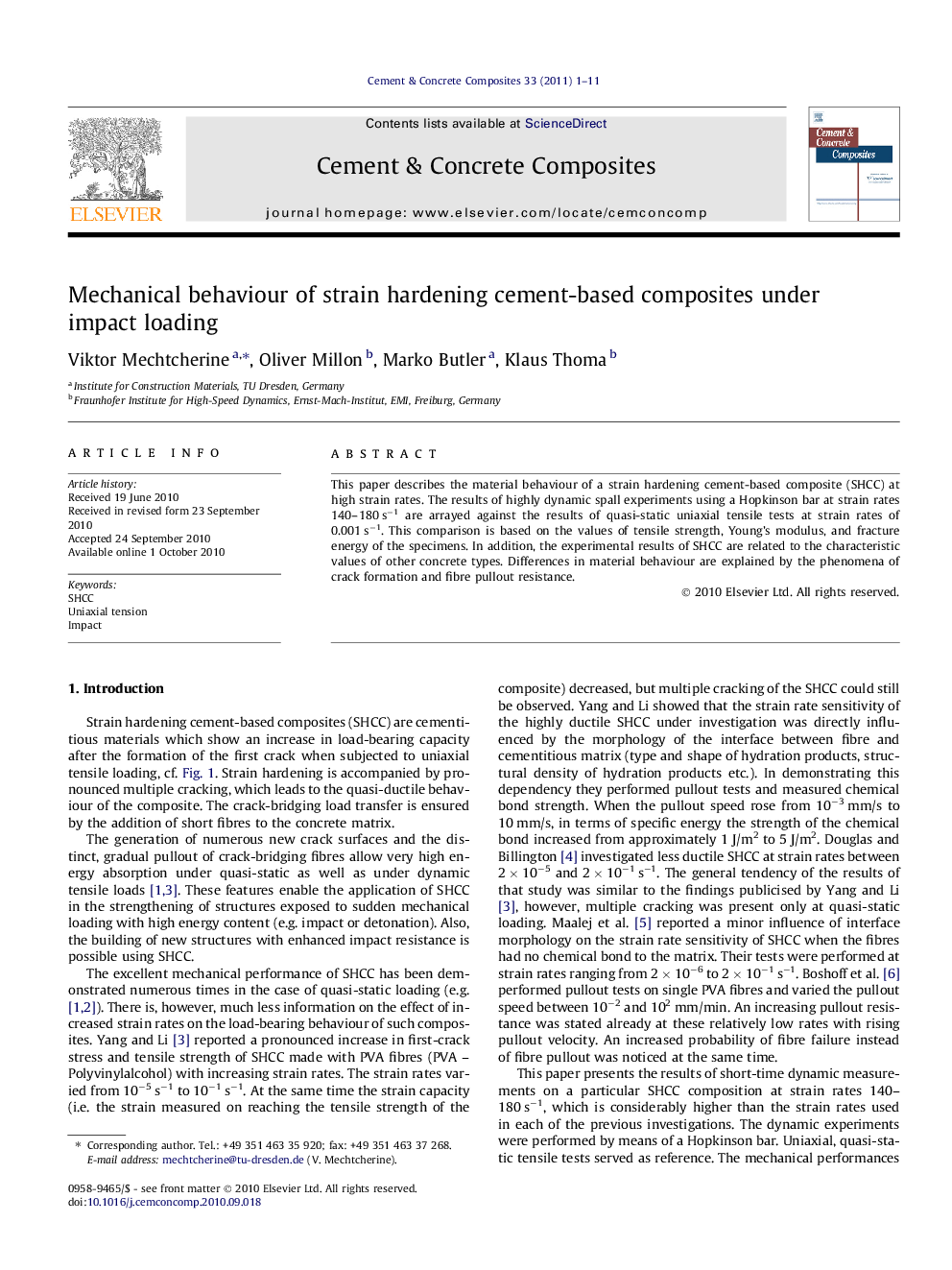 Mechanical behaviour of strain hardening cement-based composites under impact loading