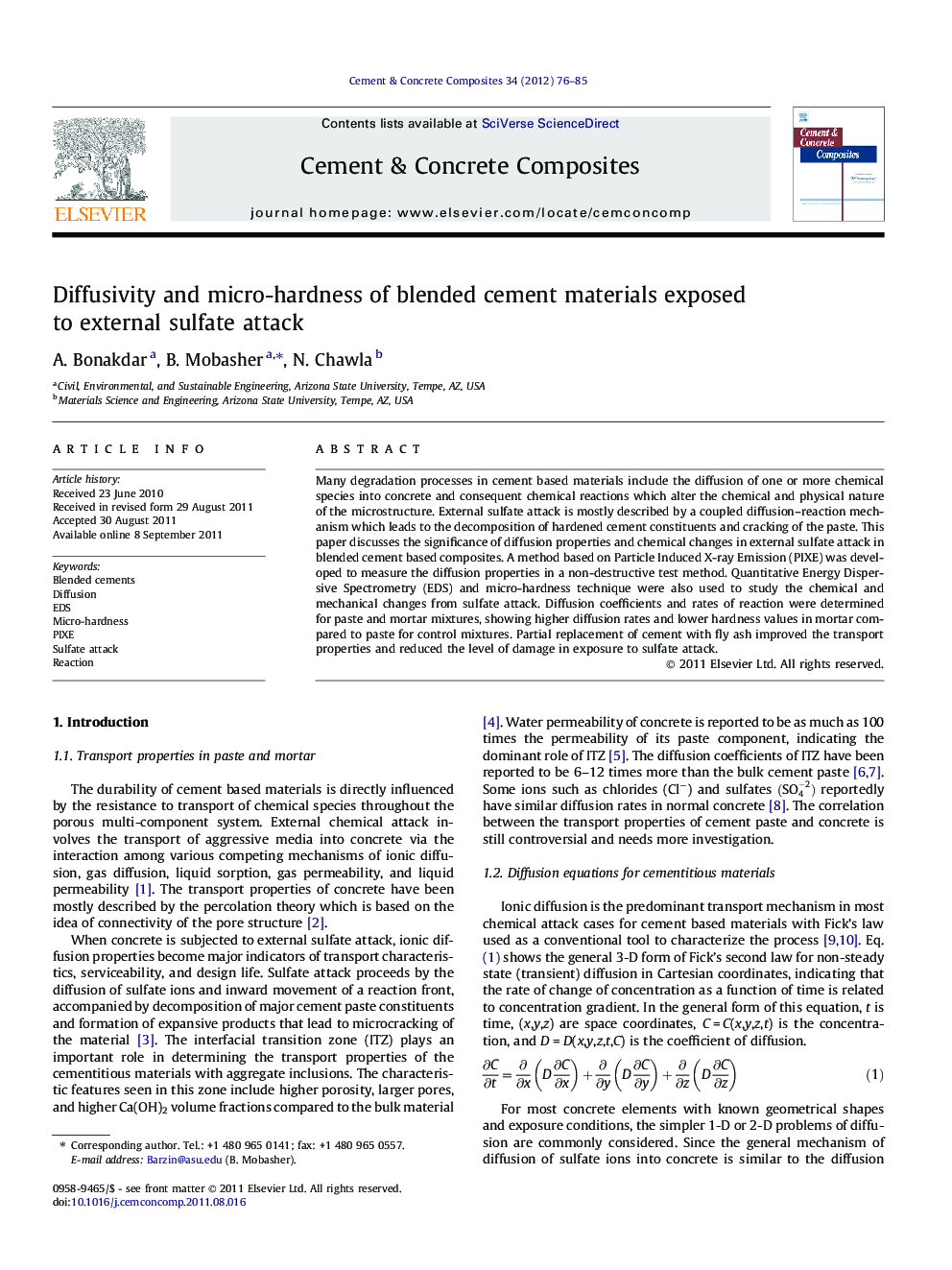 Diffusivity and micro-hardness of blended cement materials exposed to external sulfate attack