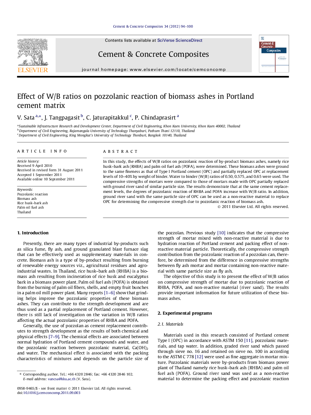 Effect of W/B ratios on pozzolanic reaction of biomass ashes in Portland cement matrix