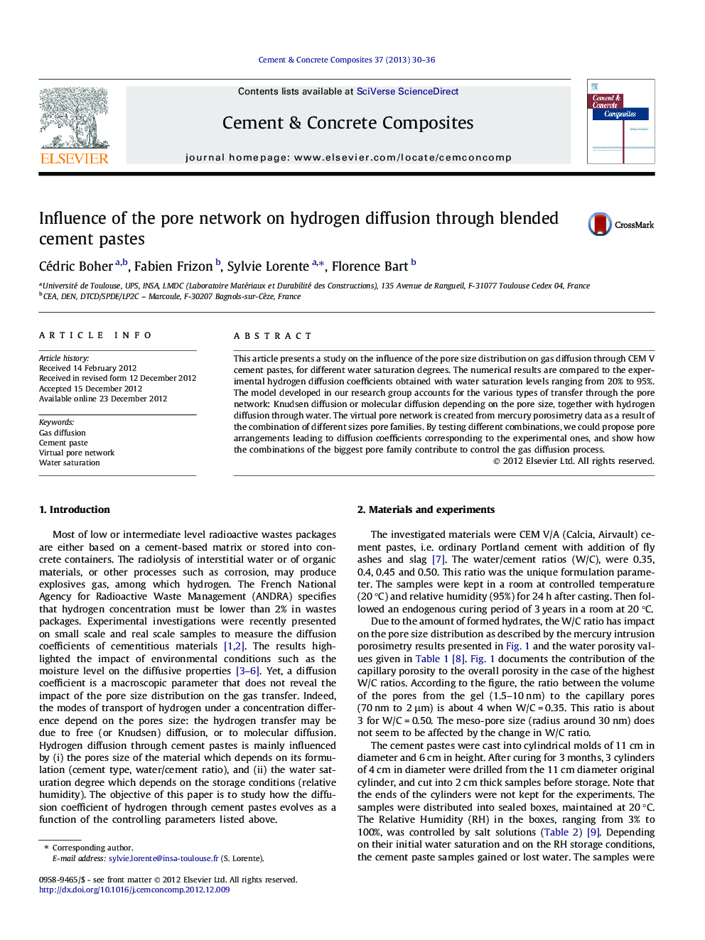 Influence of the pore network on hydrogen diffusion through blended cement pastes