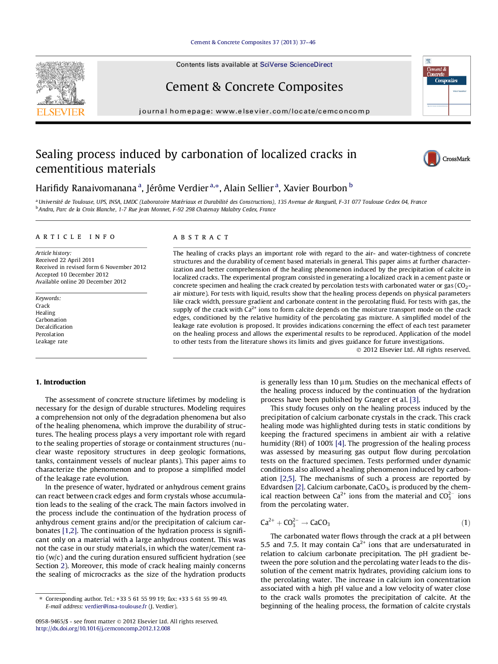 Sealing process induced by carbonation of localized cracks in cementitious materials