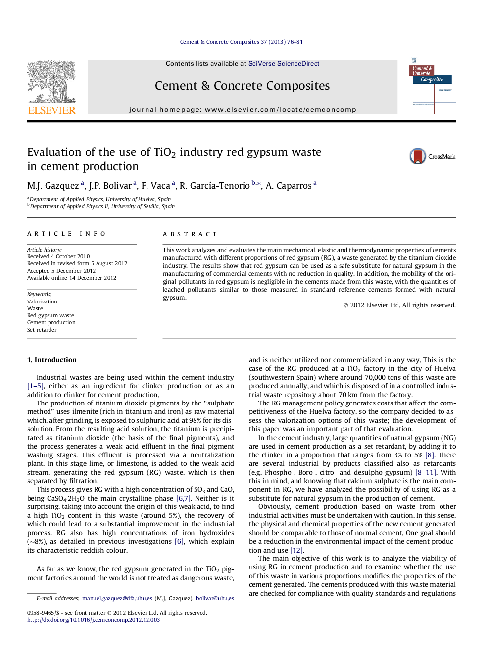 Evaluation of the use of TiO2 industry red gypsum waste in cement production