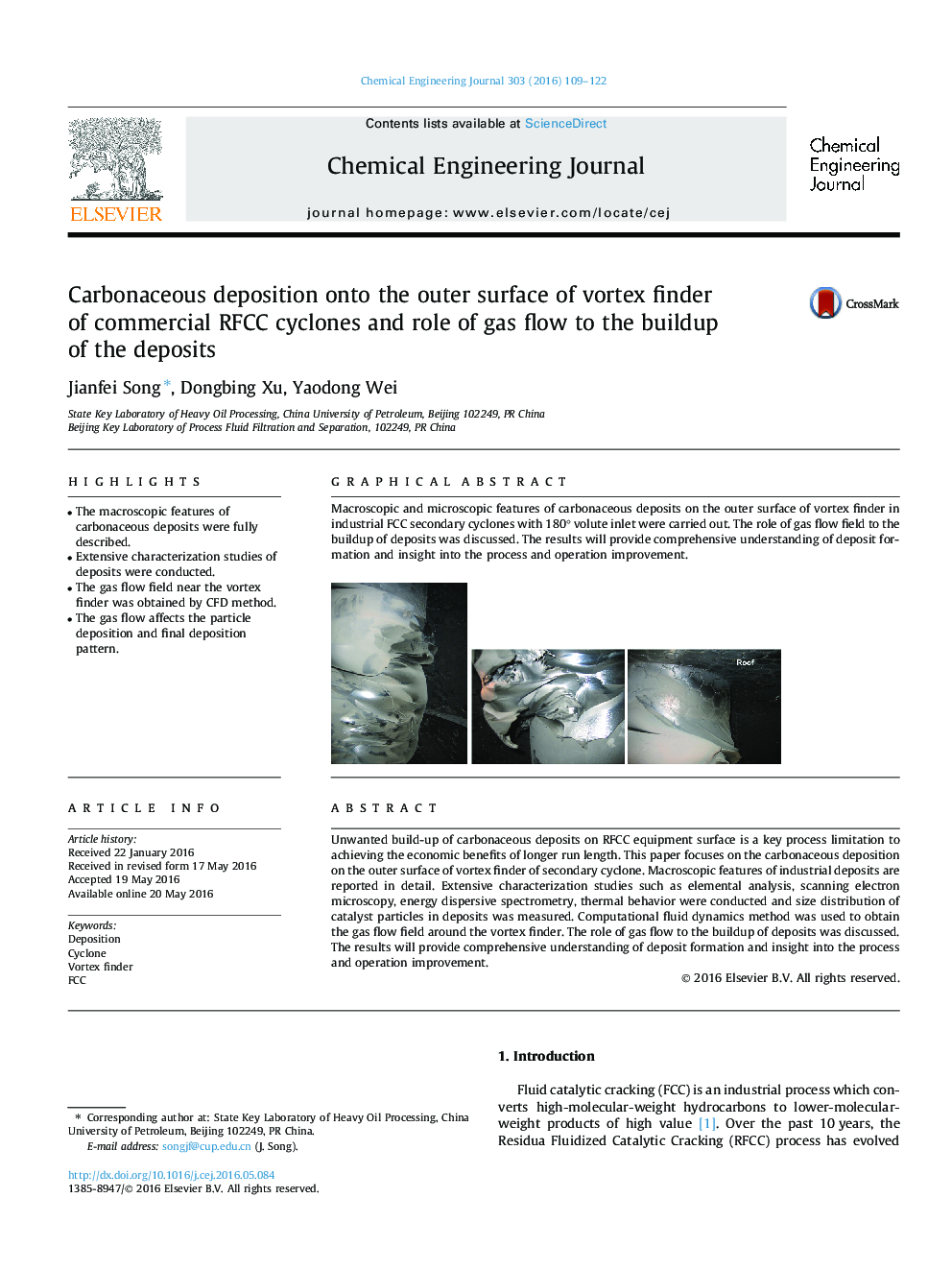 عکس صفحه اول مقاله: Carbonaceous deposition onto the outer surface of vortex finder of commercial RFCC cyclones and role of gas flow to the buildup of the deposits Carbonaceous deposition onto the outer surface of vortex finder of commercial RFCC cyclones and role of gas flow to the buildup of the deposits