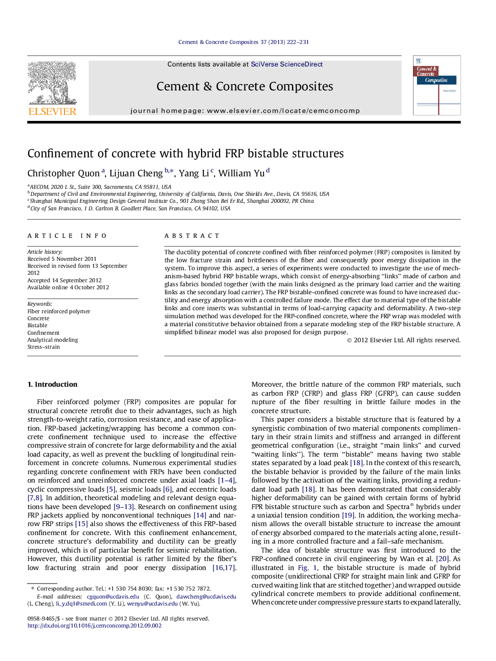 Confinement of concrete with hybrid FRP bistable structures