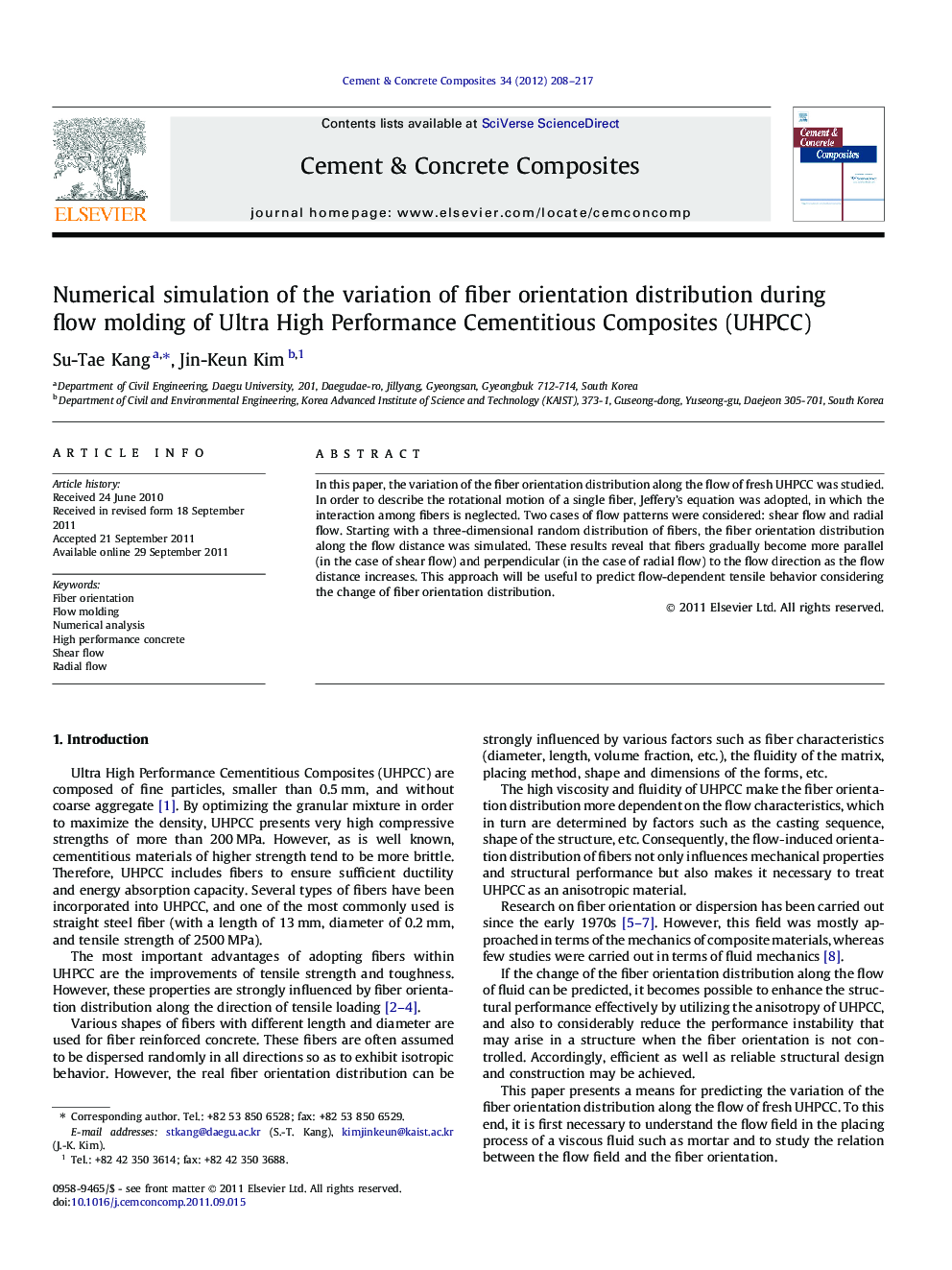 Numerical simulation of the variation of fiber orientation distribution during flow molding of Ultra High Performance Cementitious Composites (UHPCC)