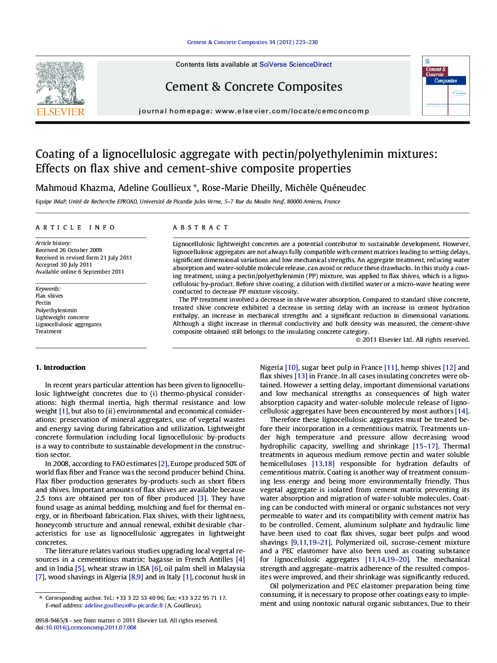 Coating of a lignocellulosic aggregate with pectin/polyethylenimin mixtures: Effects on flax shive and cement-shive composite properties