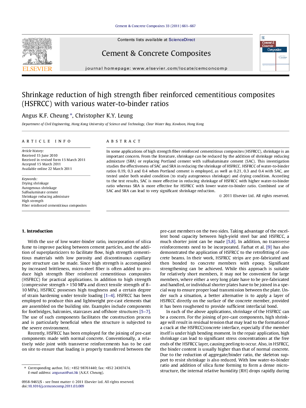 Shrinkage reduction of high strength fiber reinforced cementitious composites (HSFRCC) with various water-to-binder ratios