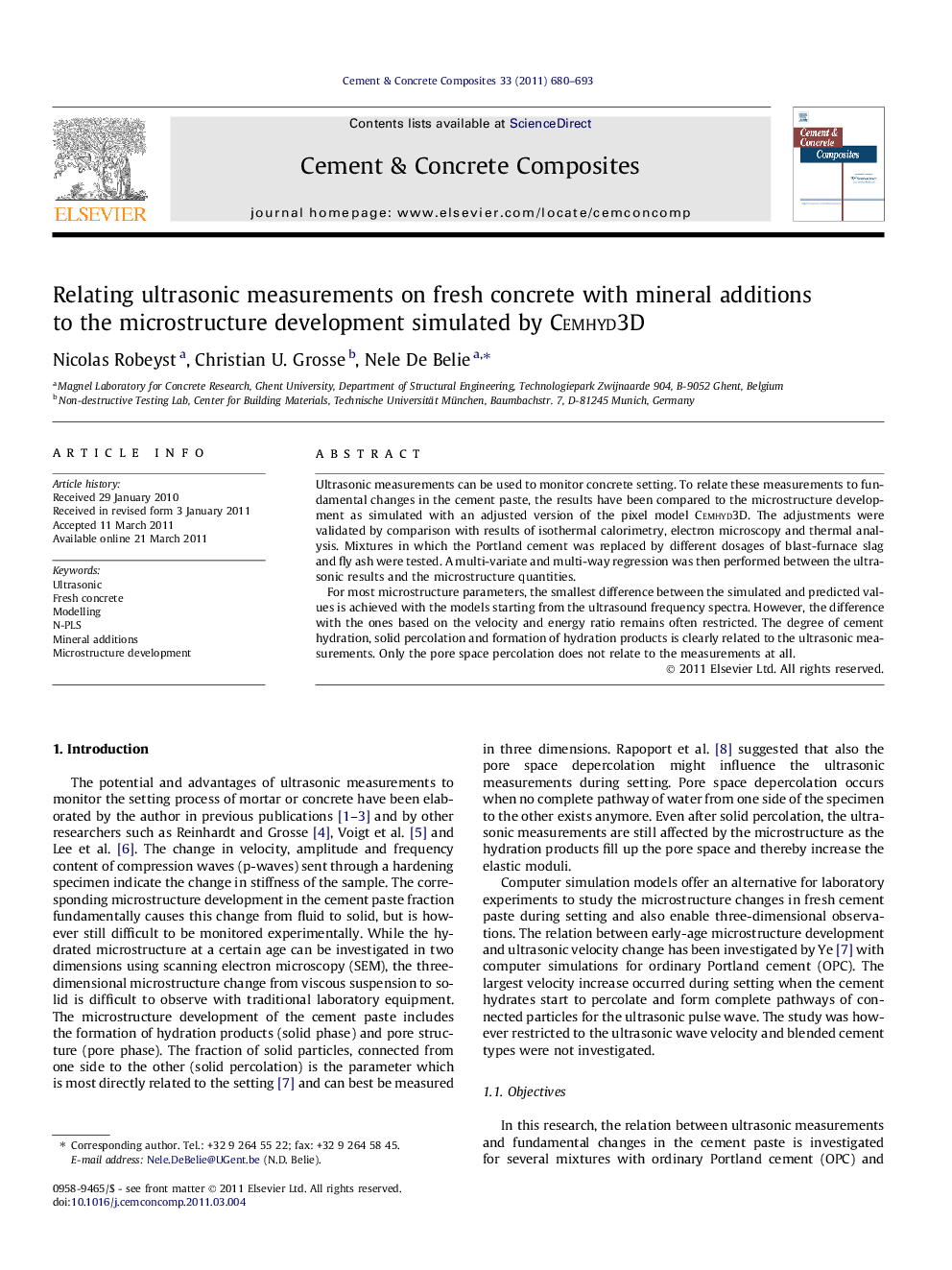 Relating ultrasonic measurements on fresh concrete with mineral additions to the microstructure development simulated by Cemhyd3D