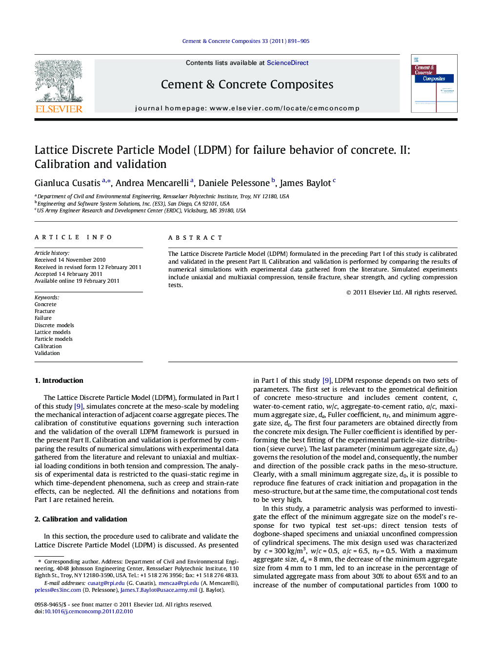 Lattice Discrete Particle Model (LDPM) for failure behavior of concrete. II: Calibration and validation