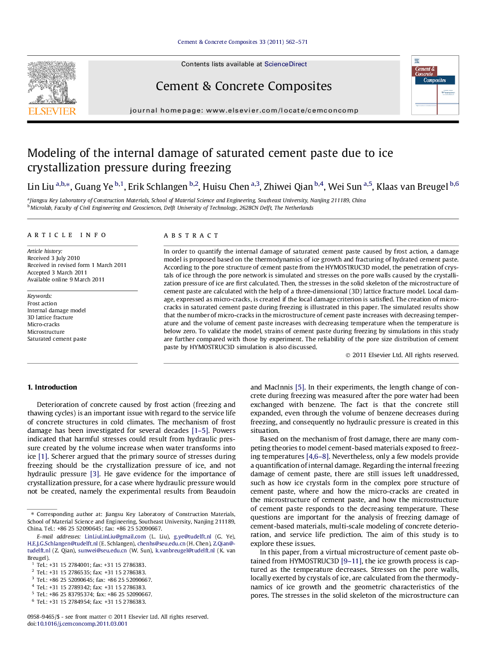 Modeling of the internal damage of saturated cement paste due to ice crystallization pressure during freezing