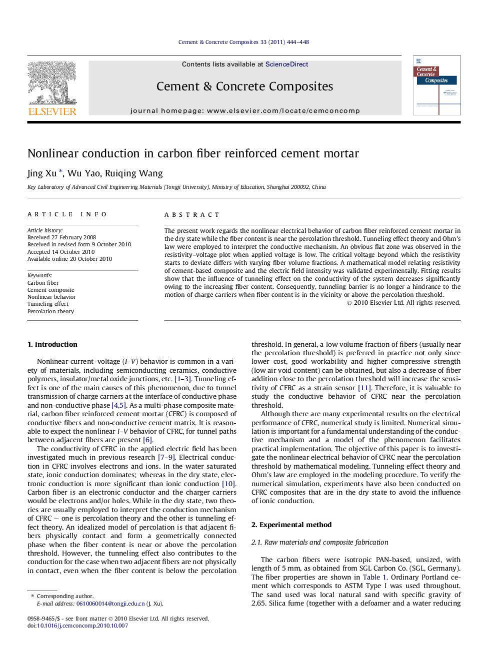 عکس صفحه اول مقاله: Nonlinear conduction in carbon fiber reinforced cement mortar Nonlinear conduction in carbon fiber reinforced cement mortar