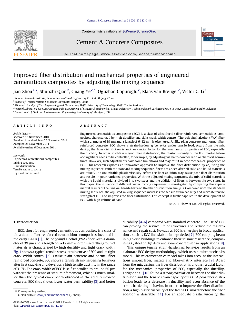 Improved fiber distribution and mechanical properties of engineered cementitious composites by adjusting the mixing sequence