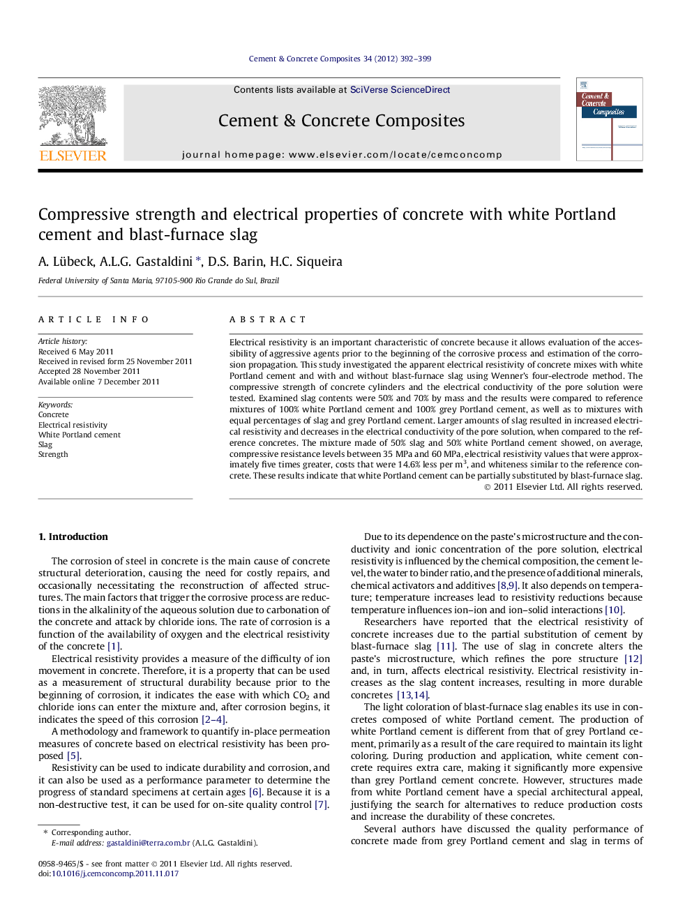 Compressive strength and electrical properties of concrete with white Portland cement and blast-furnace slag