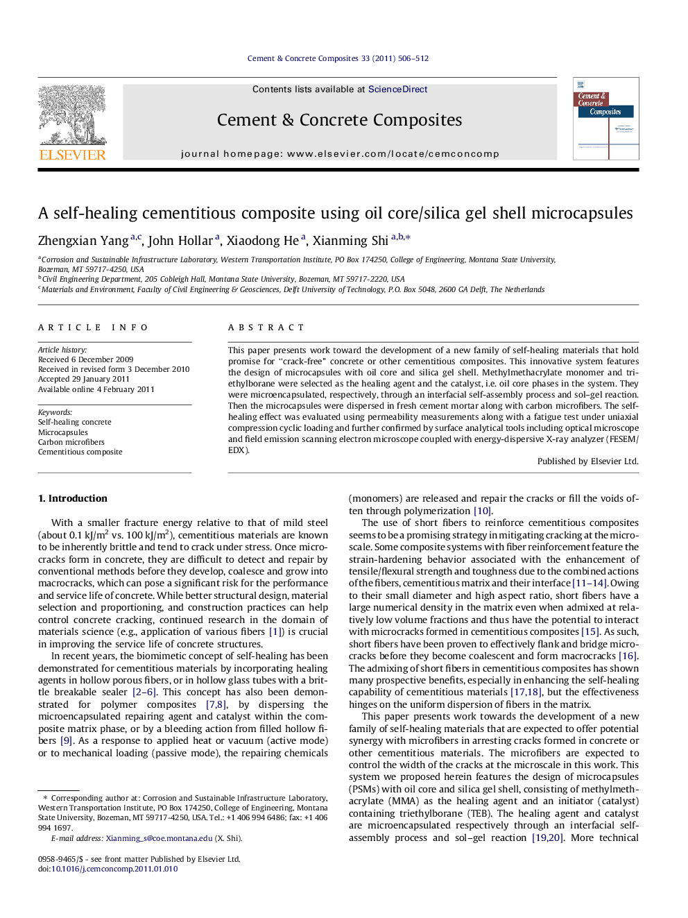 A self-healing cementitious composite using oil core/silica gel shell microcapsules