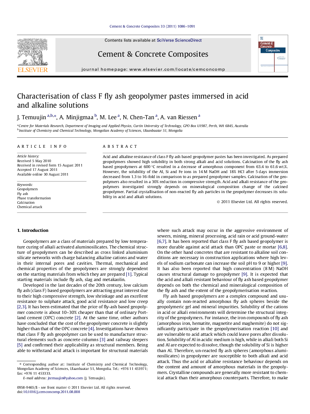 عکس صفحه اول مقاله: Characterisation of class F fly ash geopolymer pastes immersed in acid and alkaline solutions Characterisation of class F fly ash geopolymer pastes immersed in acid and alkaline solutions
