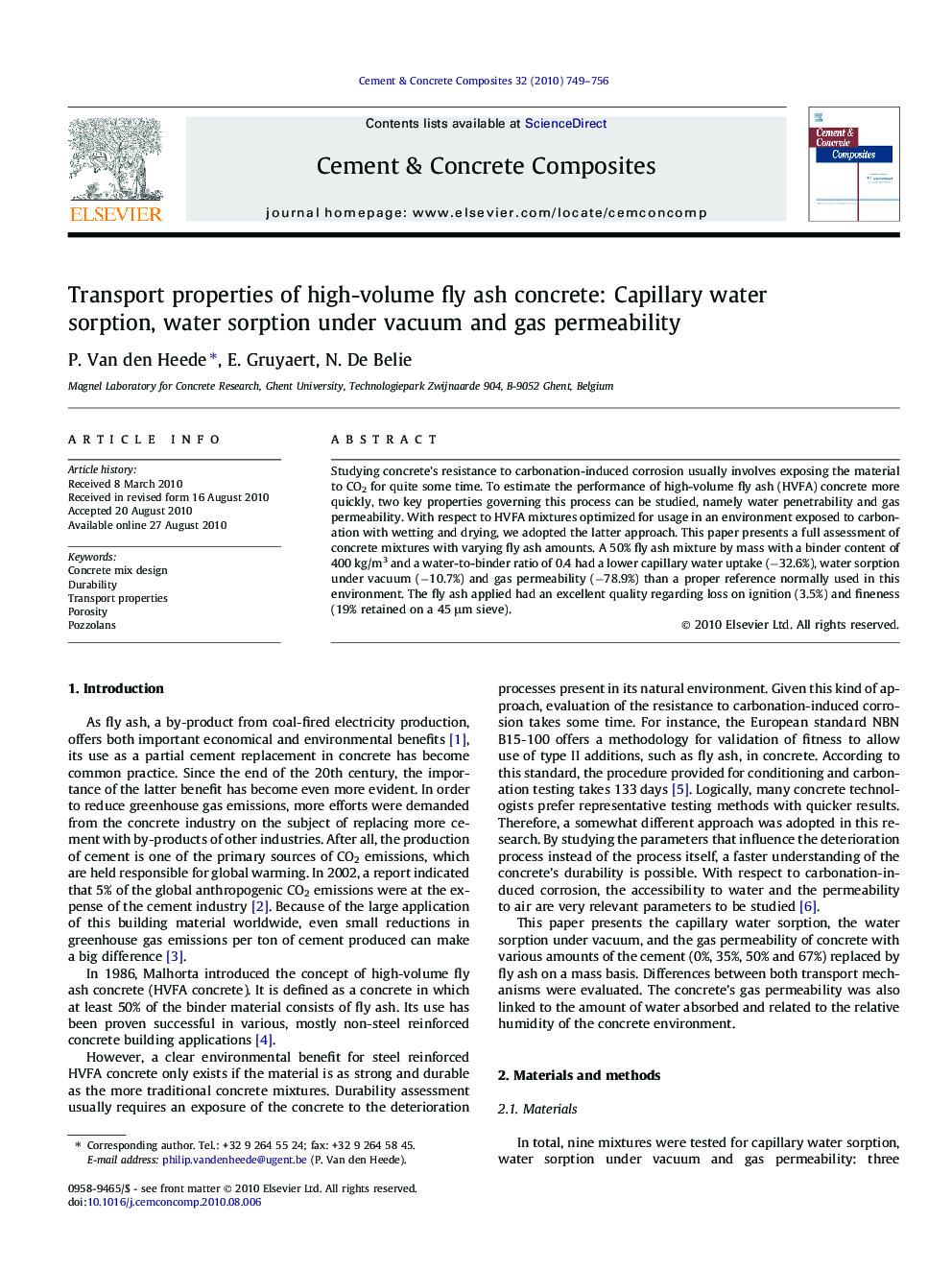 Transport properties of high-volume fly ash concrete: Capillary water sorption, water sorption under vacuum and gas permeability