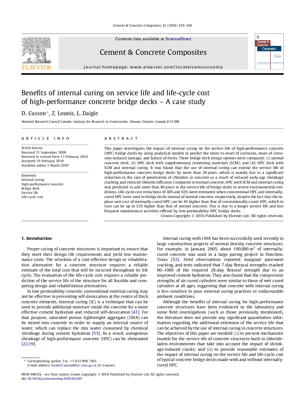 Benefits of internal curing on service life and life-cycle cost of high-performance concrete bridge decks – A case study