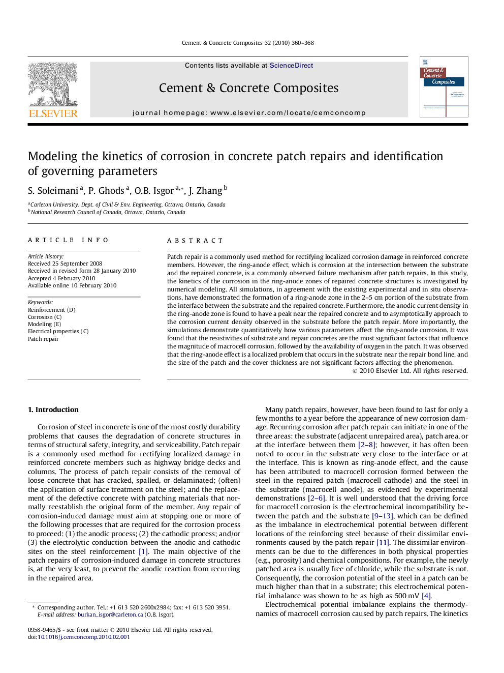 Modeling the kinetics of corrosion in concrete patch repairs and identification of governing parameters