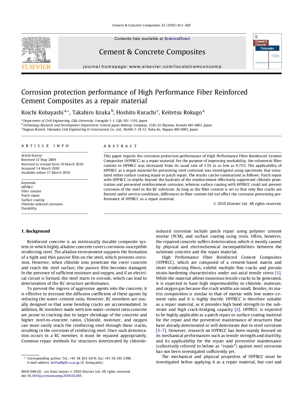 Corrosion protection performance of High Performance Fiber Reinforced Cement Composites as a repair material