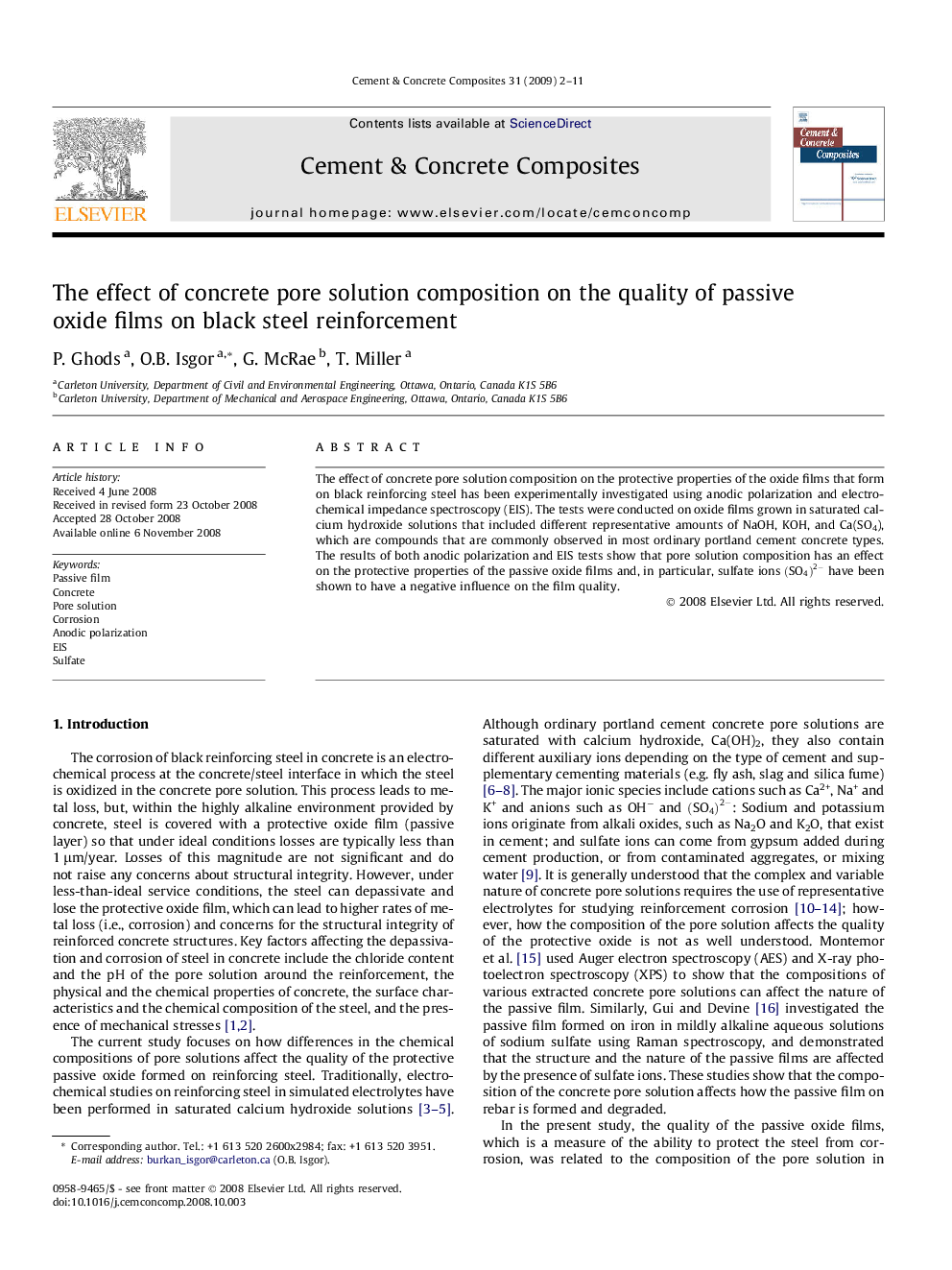 عکس صفحه اول مقاله: The effect of concrete pore solution composition on the quality of passive oxide films on black steel reinforcement The effect of concrete pore solution composition on the quality of passive oxide films on black steel reinforcement