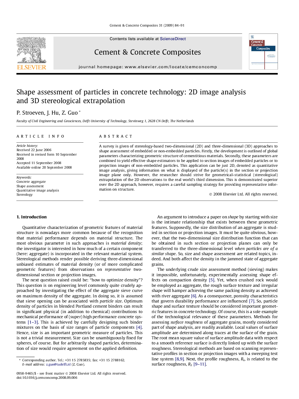 Shape assessment of particles in concrete technology: 2D image analysis and 3D stereological extrapolation