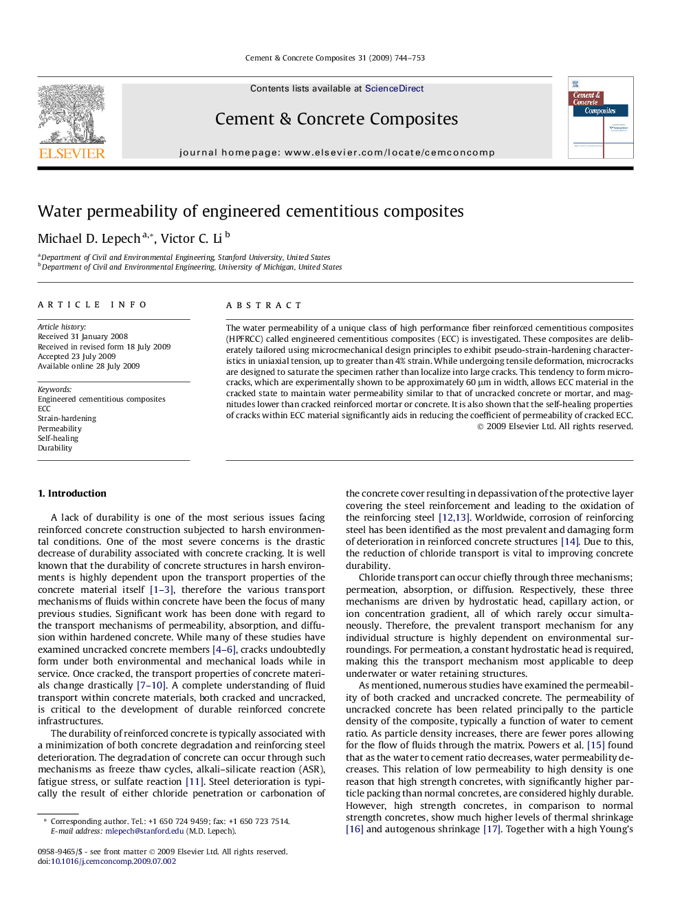 Water permeability of engineered cementitious composites